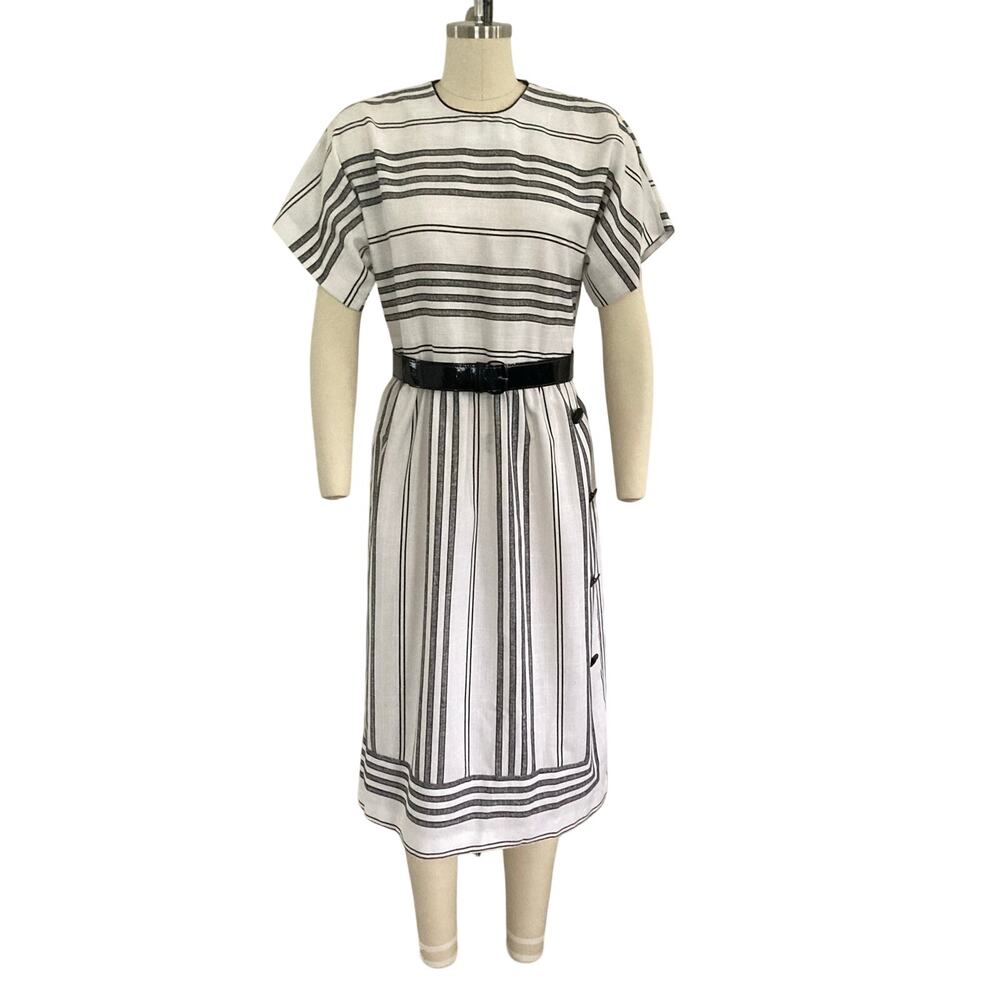 Vintage Ricano Black and White Striped Belted 80s Midi Dress with Button Details